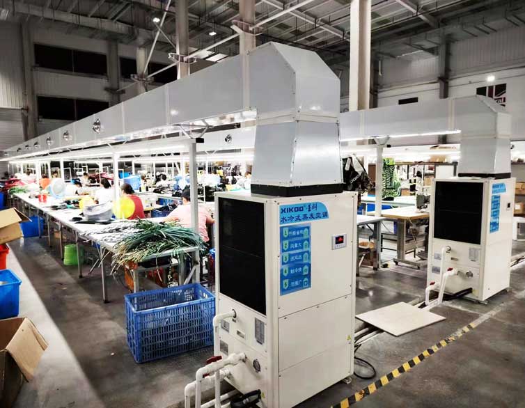 制衣廠區域崗位降溫，安裝蒸發冷省電空調-立式管道機